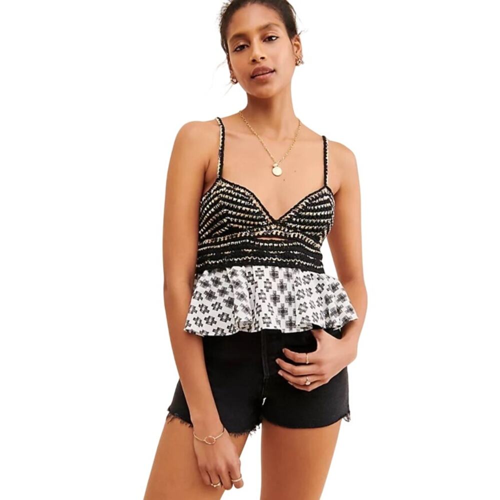 Anthropologie Freida Layered Peplum Cami Metallic Black White Size Medium